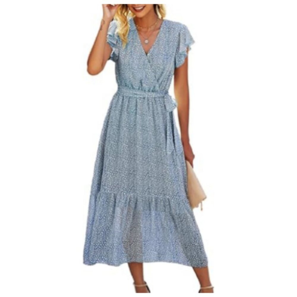 **YACUN** Women Summer Floral Dress V Neck  Casual Maxi Dress Small